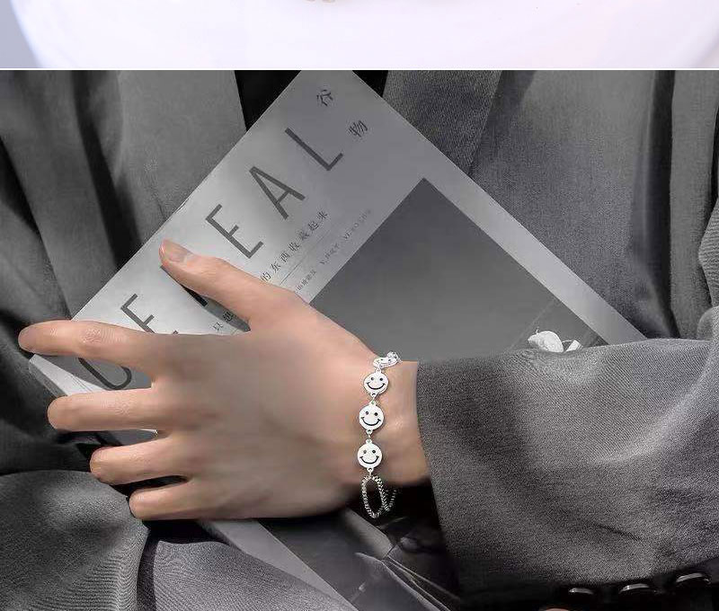 Fashion Silver Color Titanium Steel Box Smiley Face Stitching Bracelet,Bracelets
