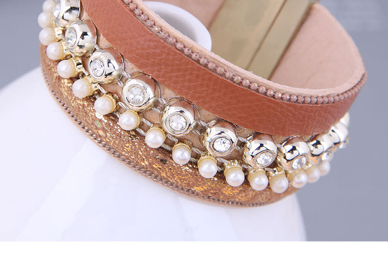 Fashion 4# Rhinestone Pearl Leather Wide Magnetic Bracelet,Fashion Bracelets