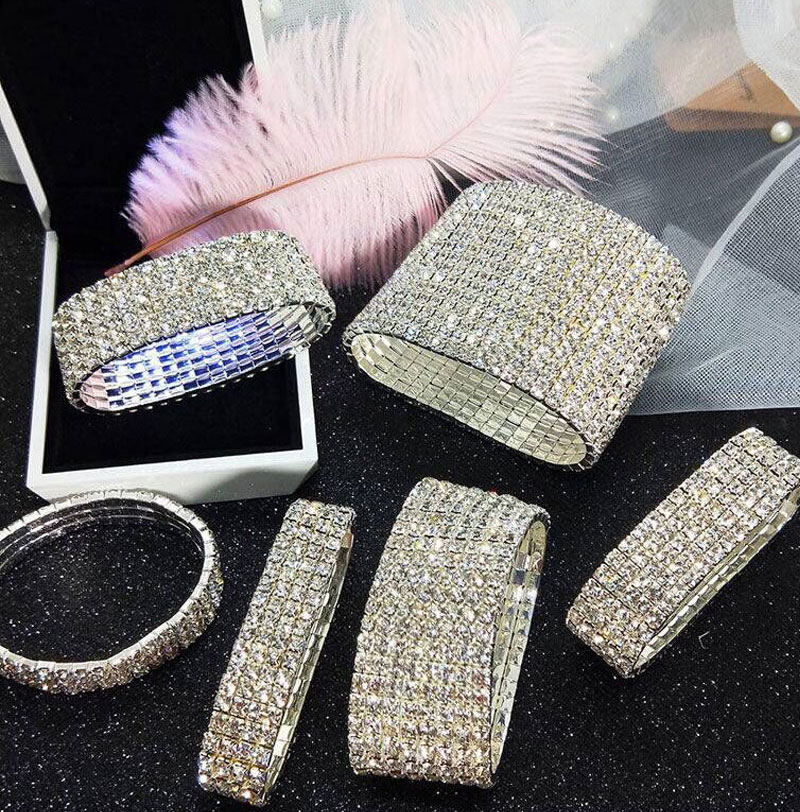 Fashion Silver Color Metal Elastic Bracelet With Rhinestones (10 Rows),Fashion Bracelets