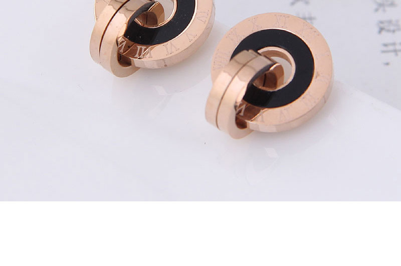Fashion Black Titanium Steel Roman Numeral Round Stud Earrings,Earrings