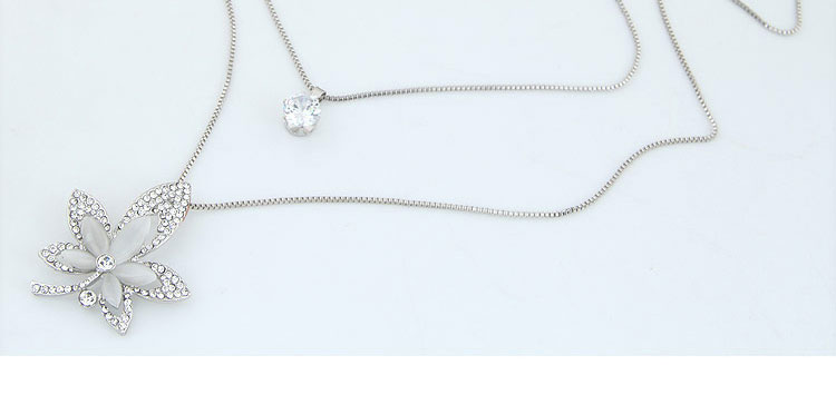 Fashion Silver Metal Glitter Diamond Maple Leaf Double Necklace,Multi Strand Necklaces
