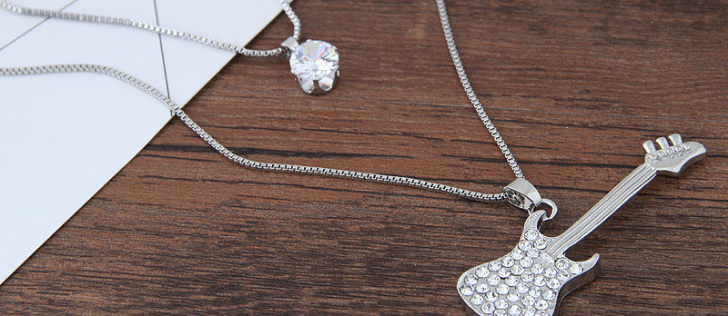 Fashion Silver Metal Flash Diamond Guitar Double Necklace,Multi Strand Necklaces