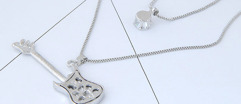 Fashion Silver Metal Flash Diamond Guitar Double Necklace,Multi Strand Necklaces