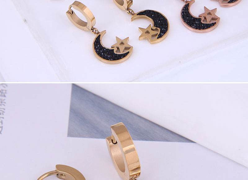 Fashion Black-rose Gold Titanium Steel Diamond-studded Star And Moon Earrings,Earrings