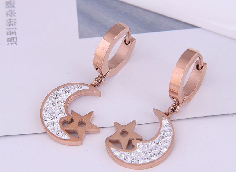 Fashion Black Color Golden Color Titanium Steel Diamond-studded Star And Moon Earrings,Earrings