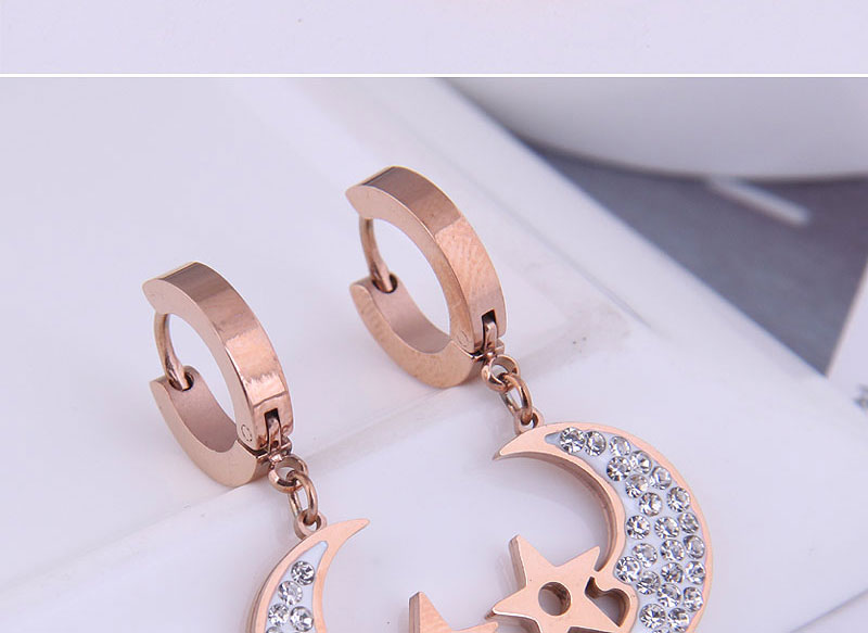 Fashion White-gold Titanium Steel Diamond-studded Star And Moon Earrings,Earrings