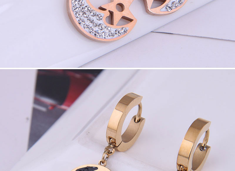 Fashion White-gold Titanium Steel Diamond-studded Star And Moon Earrings,Earrings