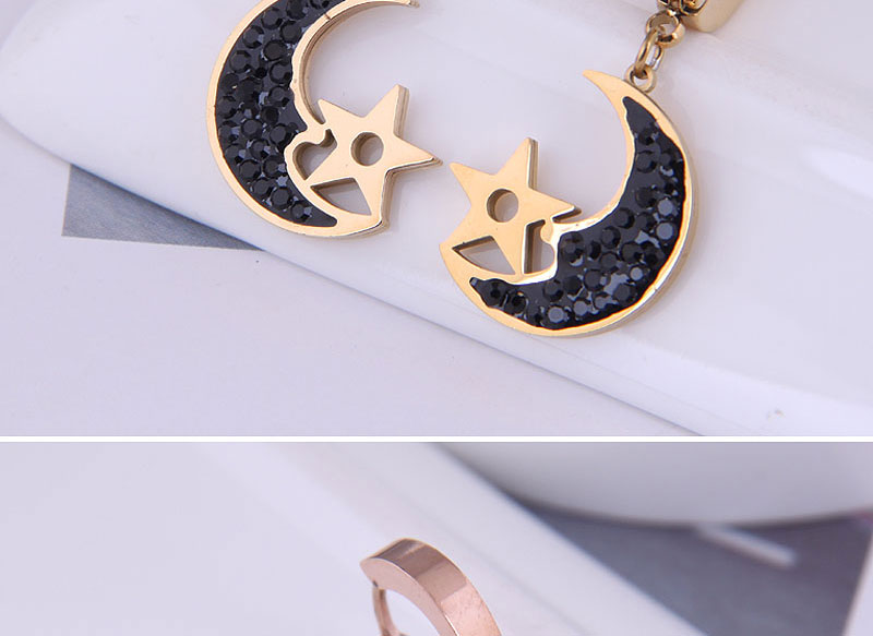 Fashion Black-rose Gold Titanium Steel Diamond-studded Star And Moon Earrings,Earrings