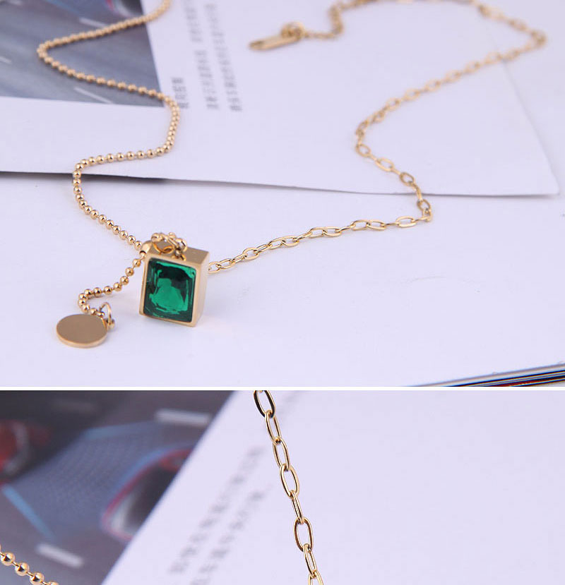 Fashion Green-rose Gold Titanium Steel Necklace With Square Diamonds,Necklaces