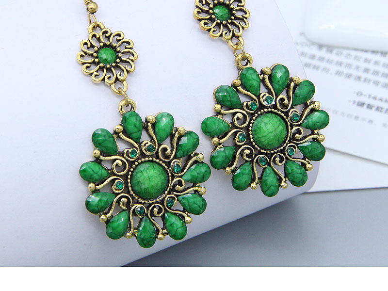 Fashion Green Alloy Diamond Flower Drop Earrings,Drop Earrings