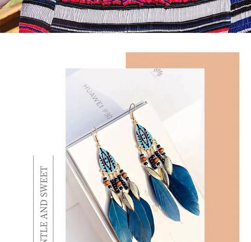 Fashion Blue Alloy Geometric Feather Tassel Drop Earrings,Drop Earrings