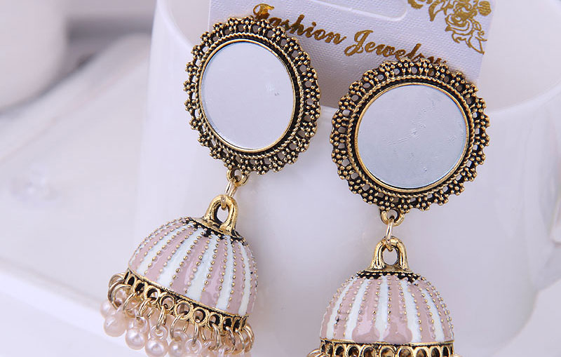 Fashion Pink Alloy Geometric Pearl Tassel Drop Earrings,Drop Earrings