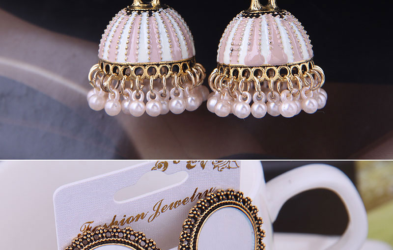 Fashion Pink Alloy Geometric Pearl Tassel Drop Earrings,Drop Earrings