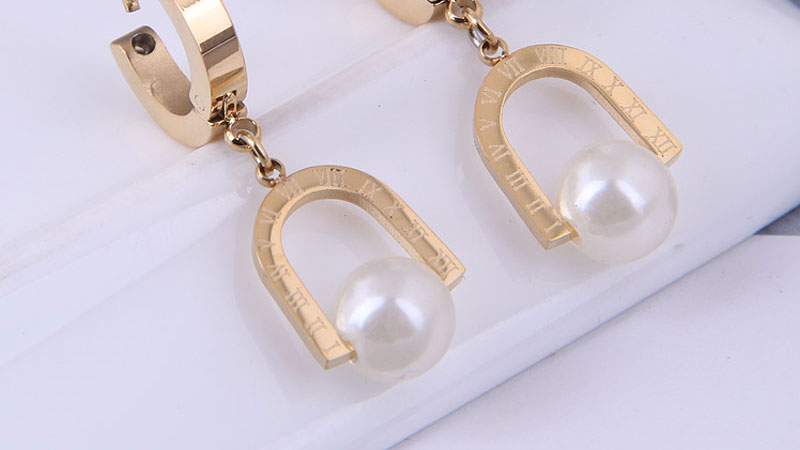 Fashion Gold Titanium Pearl Geometric Earrings,Earrings