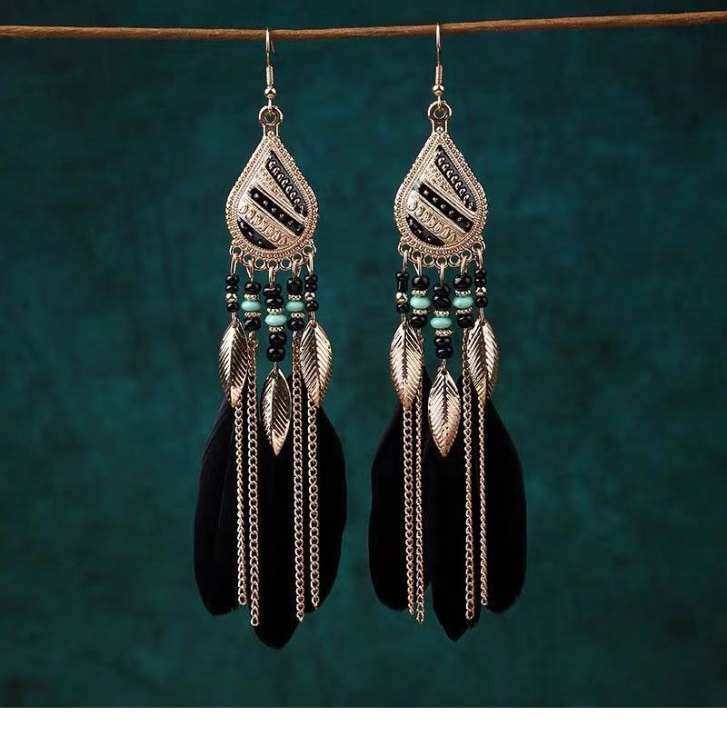 Fashion Black Alloy Geometric Feather Tassel Drop Earrings,Drop Earrings