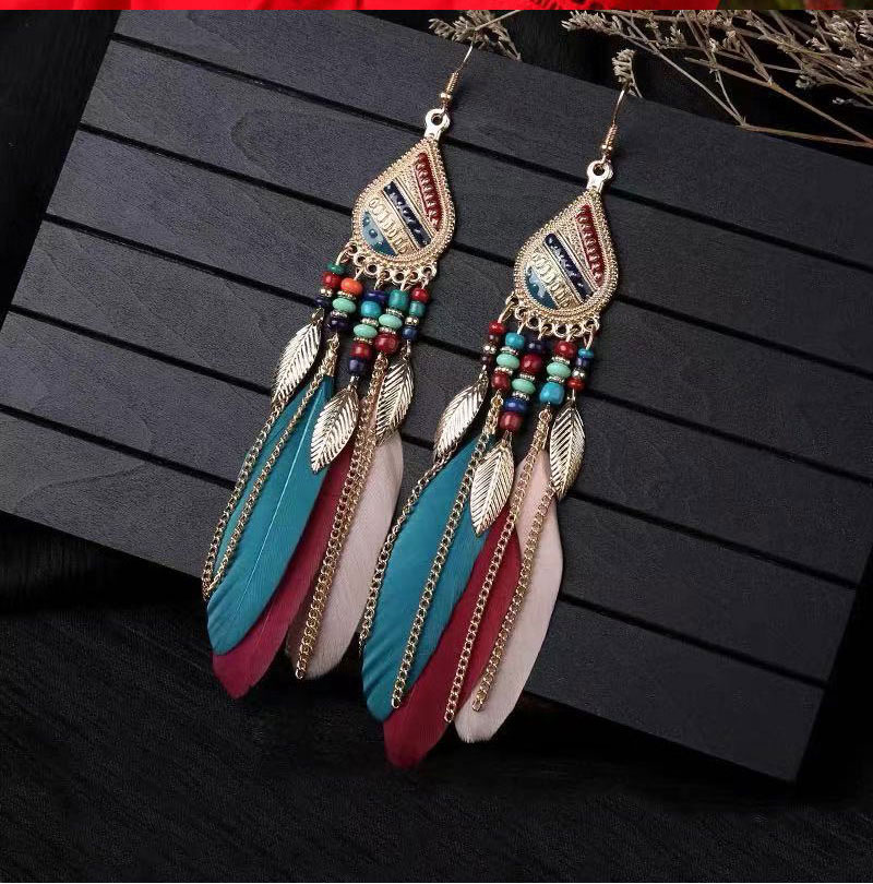 Fashion Red Alloy Geometric Feather Tassel Drop Earrings,Drop Earrings