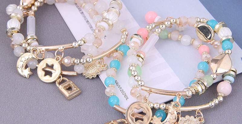 Fashion Color Alloy Geometric Beaded Star Moon Gold Lock Flower Multilayer Bracelet,Fashion Bracelets