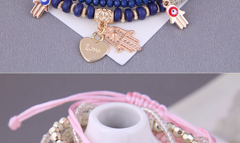 Fashion Blue Alloy Geometric Beaded Diamond Eye Heart Bracelet Multilayer Bracelet,Fashion Bracelets
