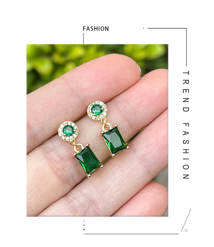 Fashion Green Brass Inset Zirconium Square Stud Earrings,Earrings