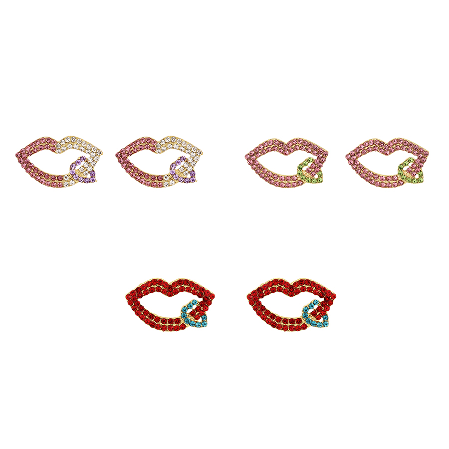 Fashion Leather Pink Alloy Diamond Lip Heart Stud Earrings,Stud Earrings