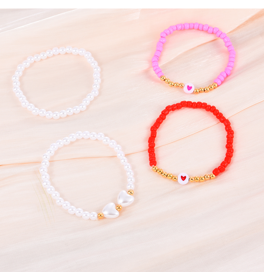 Fashion Pink Alloy Rice Beads Beaded Pearl Heart Bracelet Three Piece Set,Beaded Bracelet