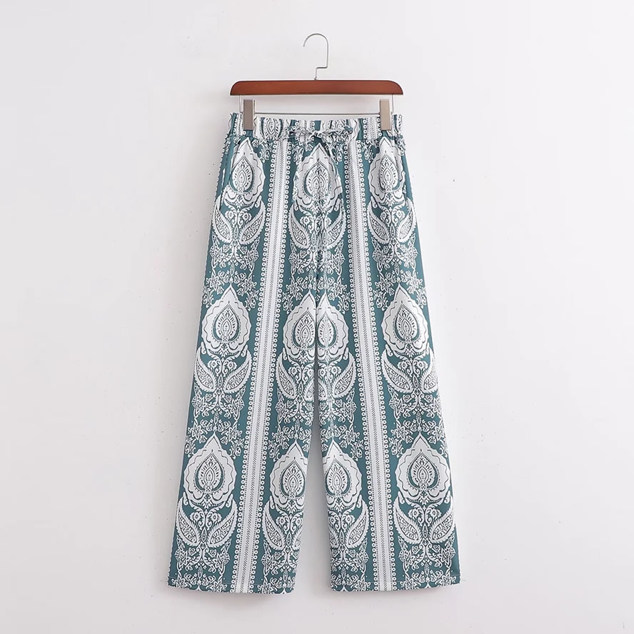 Fashion Blue Printed Straight-leg Lace-up Trousers,Pants