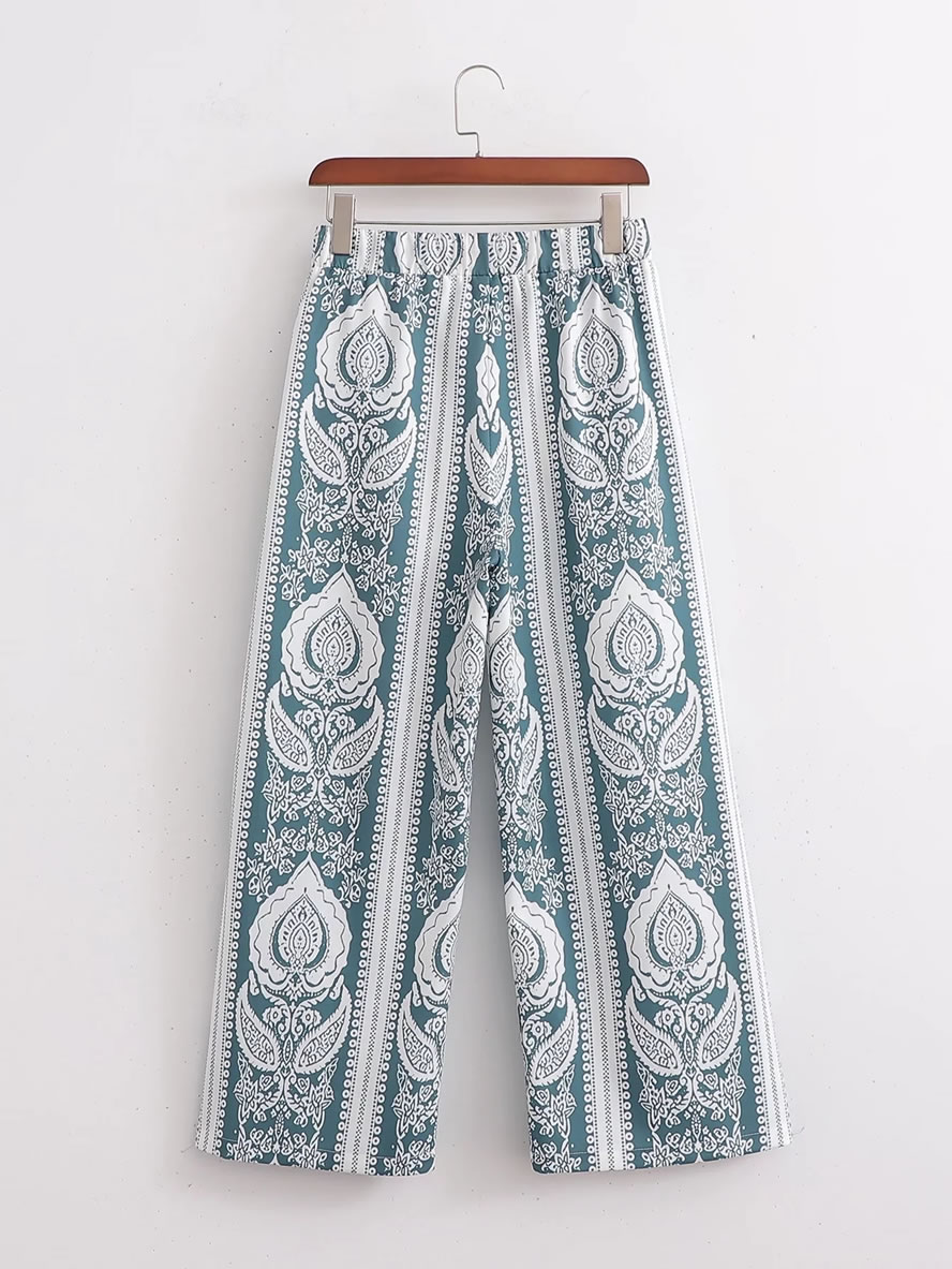 Fashion Blue Printed Straight-leg Lace-up Trousers,Pants