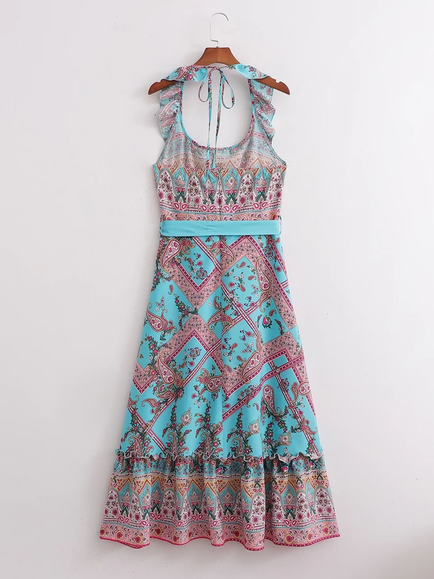 Fashion Blue Printed Halterneck Lace-up Dress,Long Dress