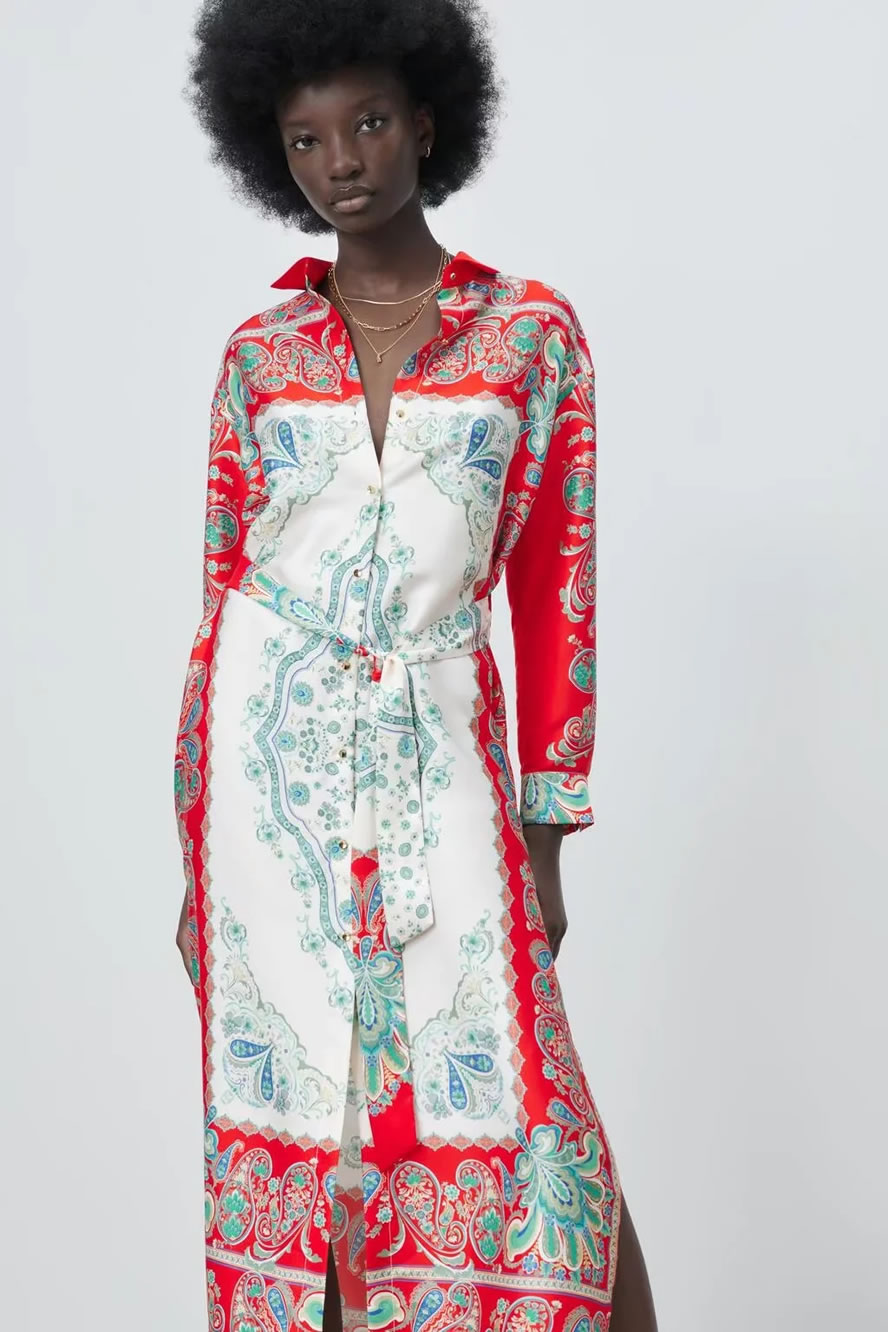 Fashion Safflower Satin-print Lapel Lace-up Dress,Long Dress