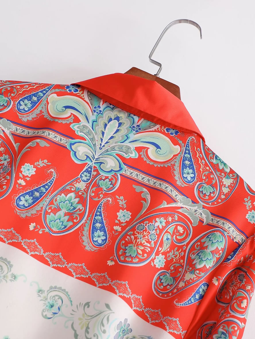 Fashion Safflower Satin-print Lapel Lace-up Dress,Long Dress
