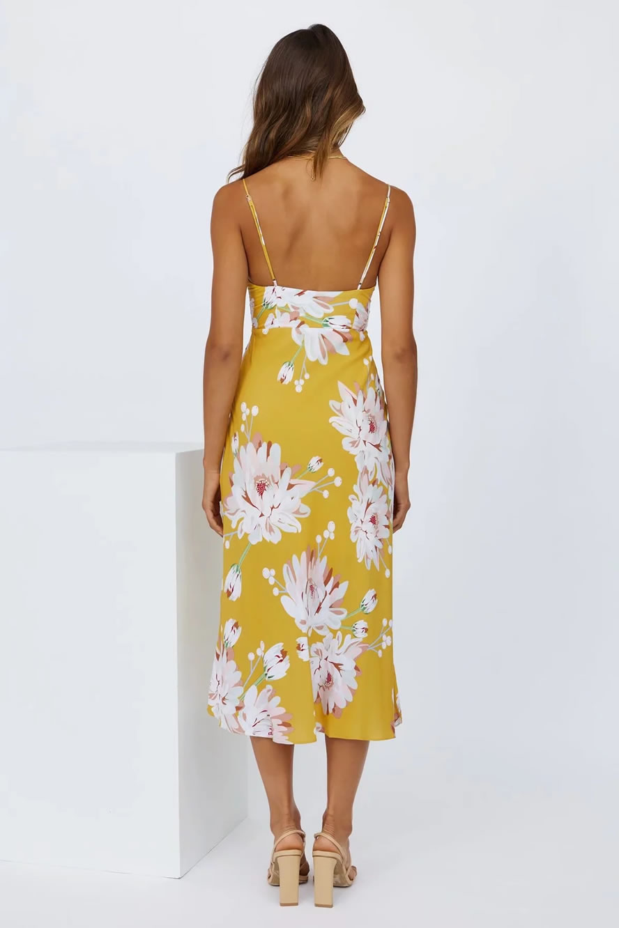 Fashion Yellow Pink Flower Satin Print Lace-up Slip Dress,Long Dress