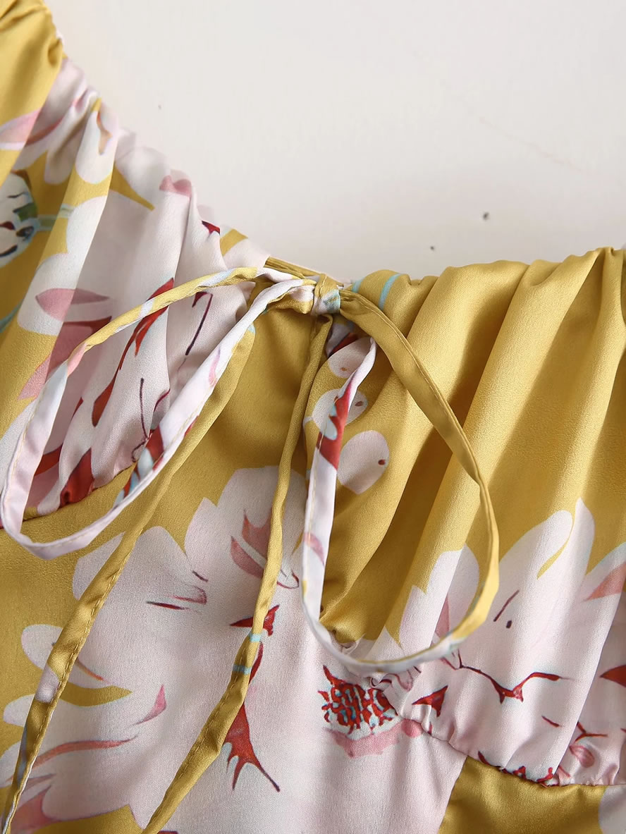 Fashion Yellow Pink Flower Satin Print Lace-up Slip Dress,Long Dress