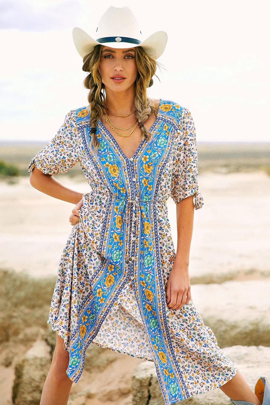 Fashion Blue And Yellow Flowers Printed V-neck Lace-up Dress,Long Dress