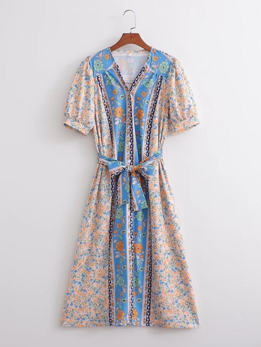 Fashion Blue And Yellow Flowers Printed V-neck Lace-up Dress,Long Dress
