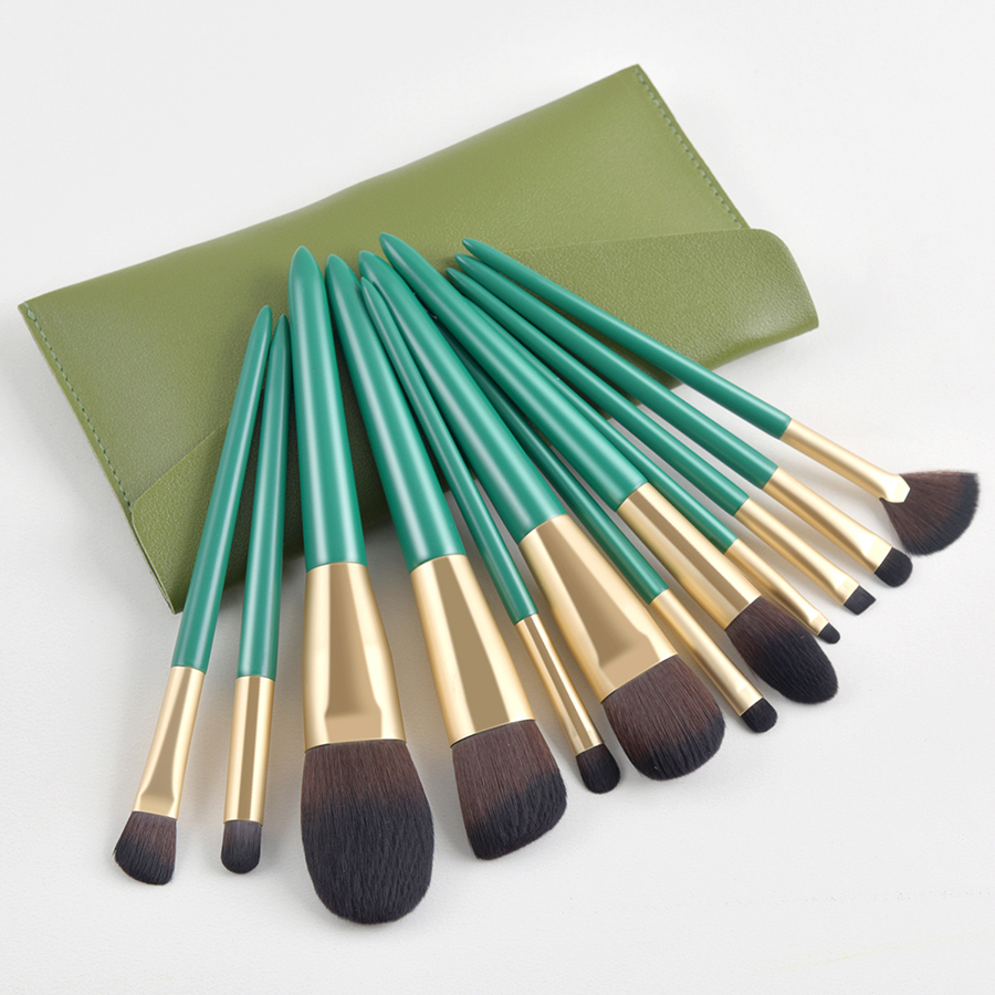Fashion Green Set Of 12 Green High-end Makeup Brushes With Leather Case,Beauty tools