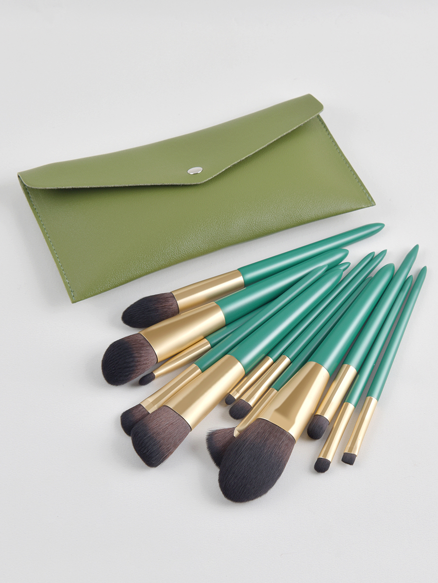Fashion Green Set Of 12 Green High-end Makeup Brushes With Leather Case,Beauty tools