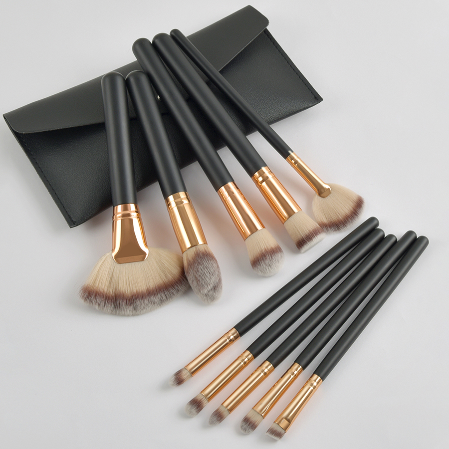 Fashion Black Set Of 10 Black Premium Makeup Brushes With Leather Case,Beauty tools