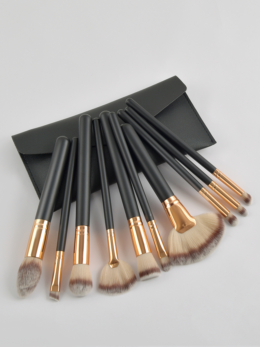 Fashion Black Set Of 10 Black Premium Makeup Brushes With Leather Case,Beauty tools