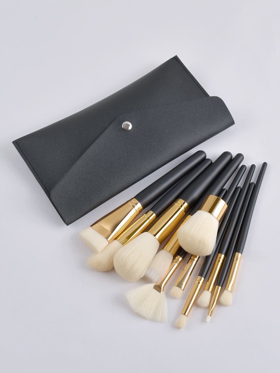 Fashion Black Set Of 11 Black Premium Makeup Brushes With Leather Case,Beauty tools