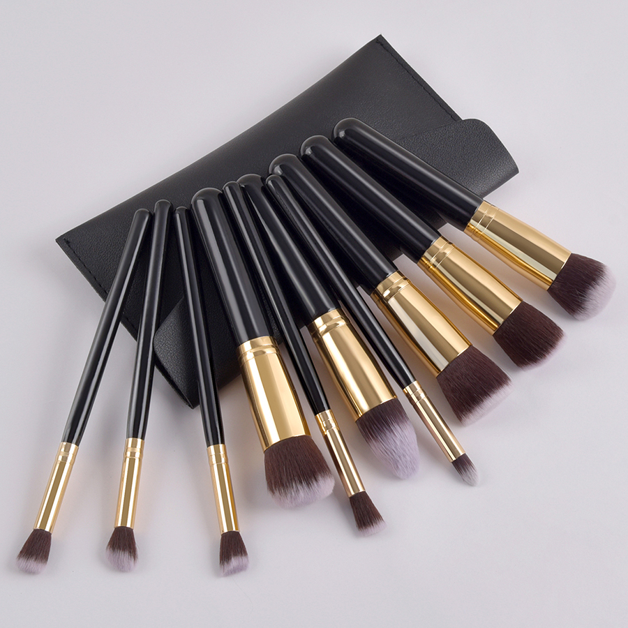 Fashion Black Set Of 10 Oversized Black Premium Makeup Brushes With Leather Case,Beauty tools