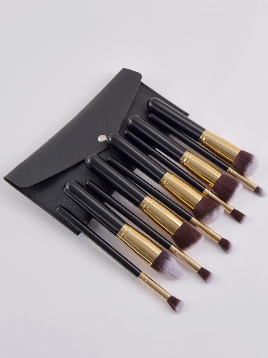 Fashion Black Set Of 10 Oversized Black Premium Makeup Brushes With Leather Case,Beauty tools