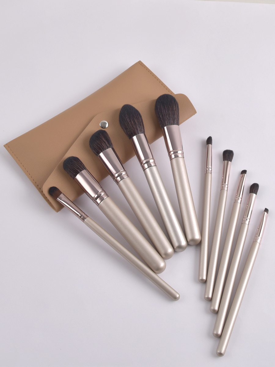Fashion Brown Set Of 10 Khaki Premium Makeup Brushes With Leather Case,Beauty tools