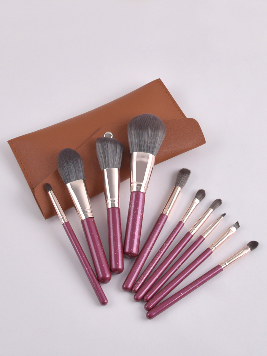 Fashion Brown Set Of 10 Pink High-end Makeup Brushes With Leather Case,Beauty tools