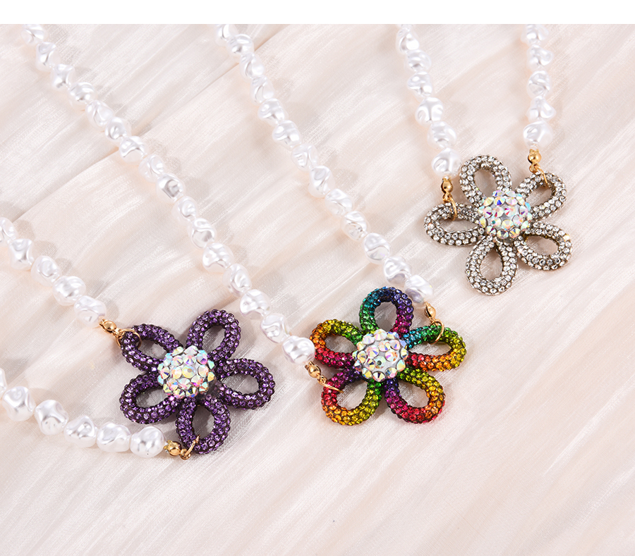 Fashion White Alloy Diamond Flower Pearl Necklace,Pendants