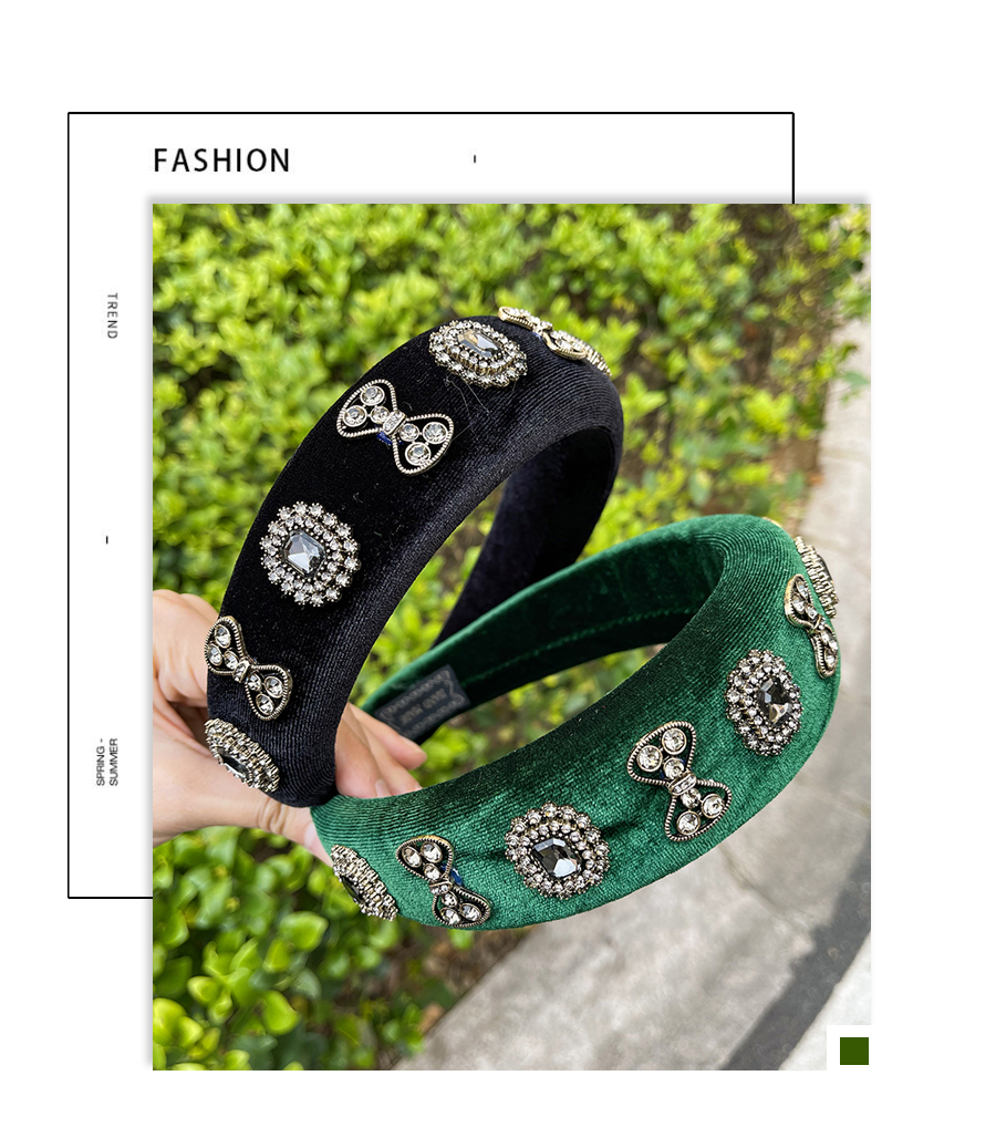 Fashion Dark Green Velvet Alloy Diamond Bow Headband,Head Band