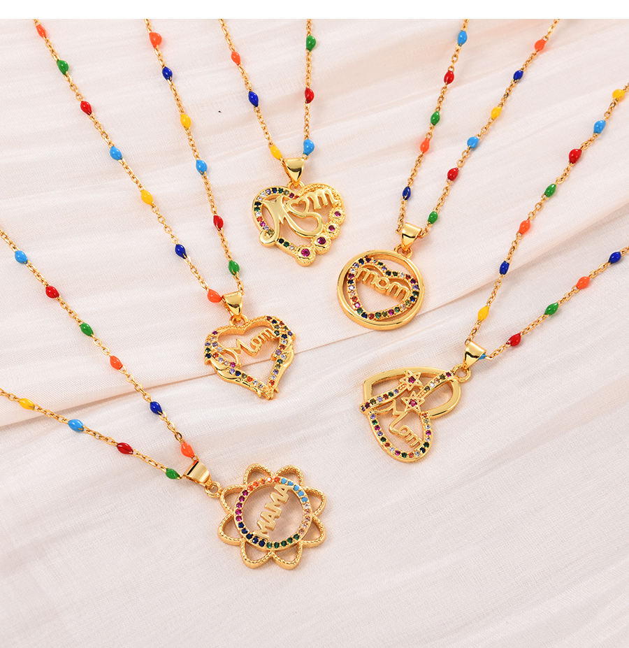 Fashion Color-6 Bronze Zirconium Heart Letter Drip Oil Pendant Necklace,Necklaces