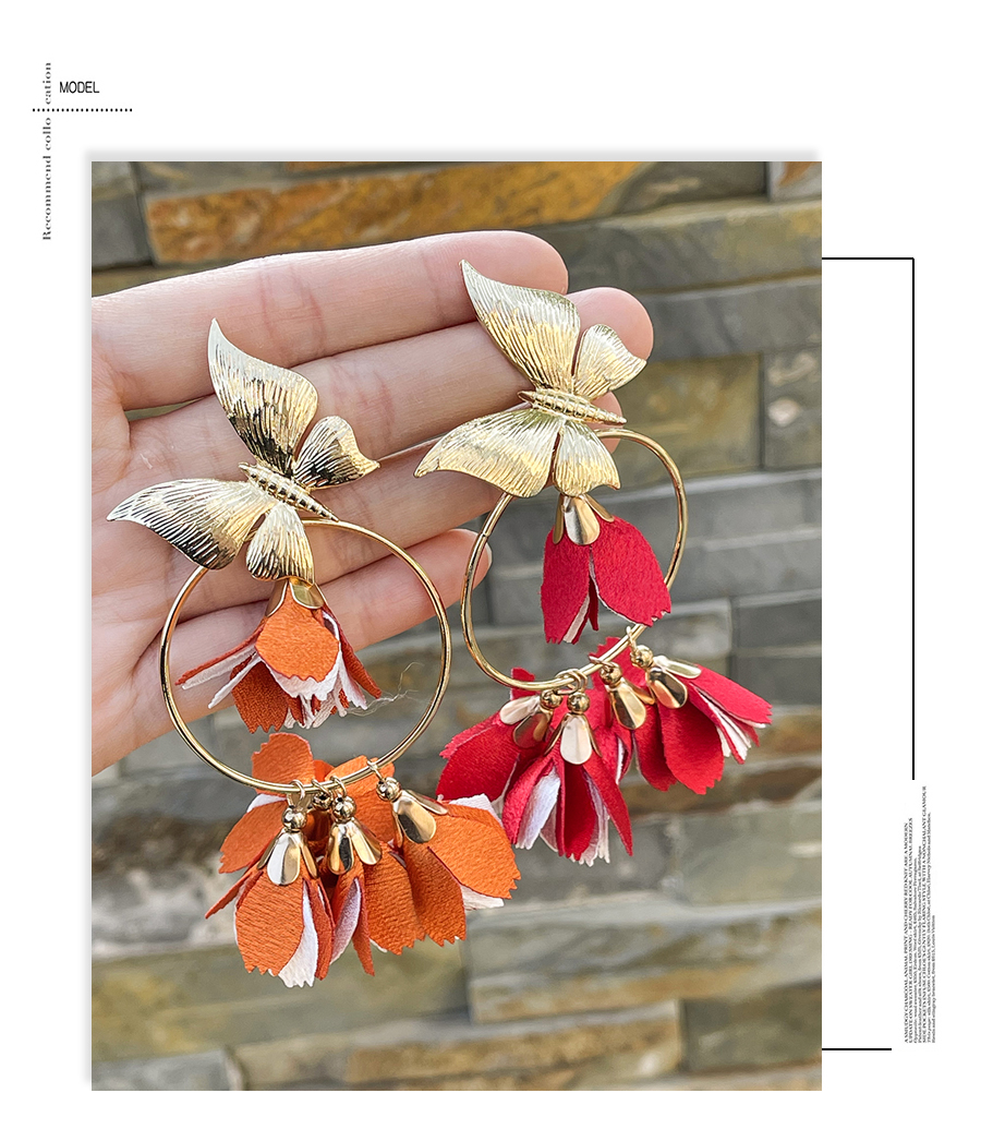Fashion Orange Fabric Flower Tassel Alloy Butterfly Stud Earrings,Stud Earrings