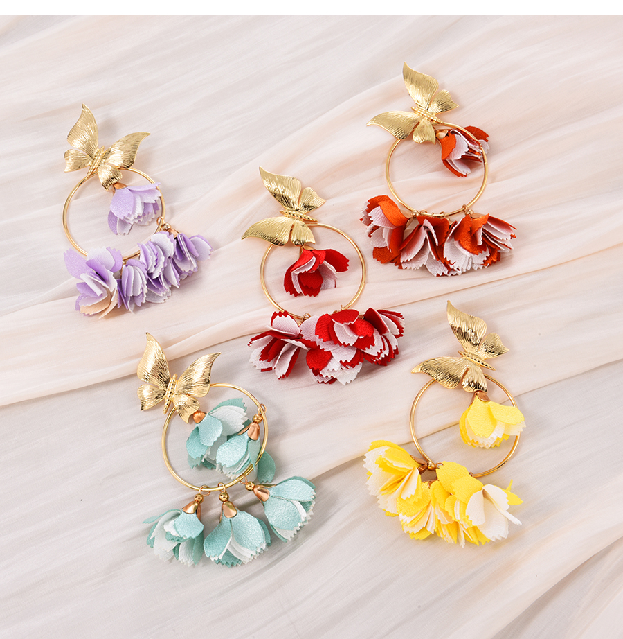 Fashion Red Fabric Flower Tassel Alloy Butterfly Stud Earrings,Stud Earrings