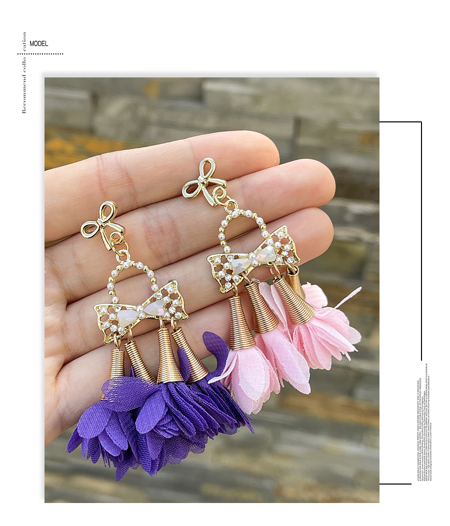 Fashion Purple Alloy Bow Gauze Flower Tassel Earrings,Drop Earrings