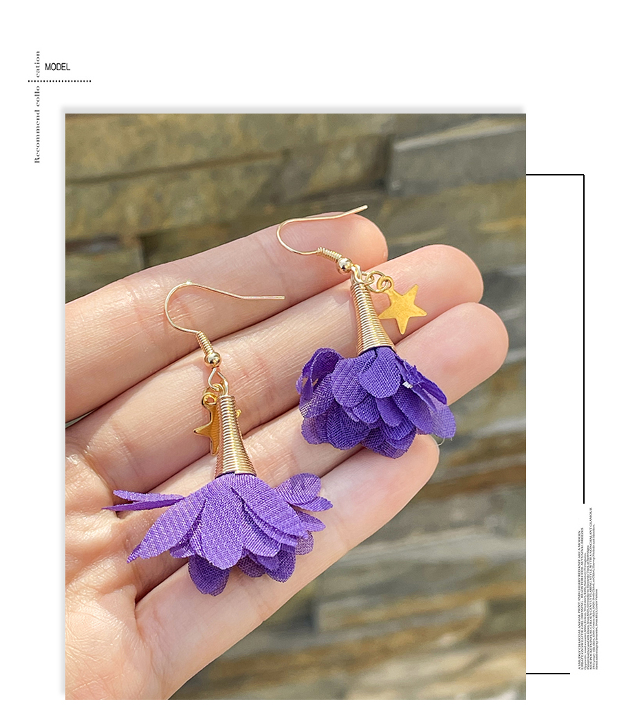 Fashion Purple Fabric Flower Fringe Titanium Steel Pentagram Drop Earrings,Drop Earrings